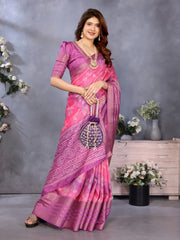 Rani Pink Dola Jacquard Bandhani Floral Digital Print