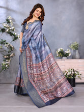 Indigo Blue Dola Jacquard Kalamkari Inspired Digital Print