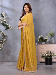 Mustard Yellow Chiffon Checks with Sequin Embroidery Border