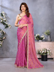 Pink Chiffon Checks With Sequin Saree For Diwali