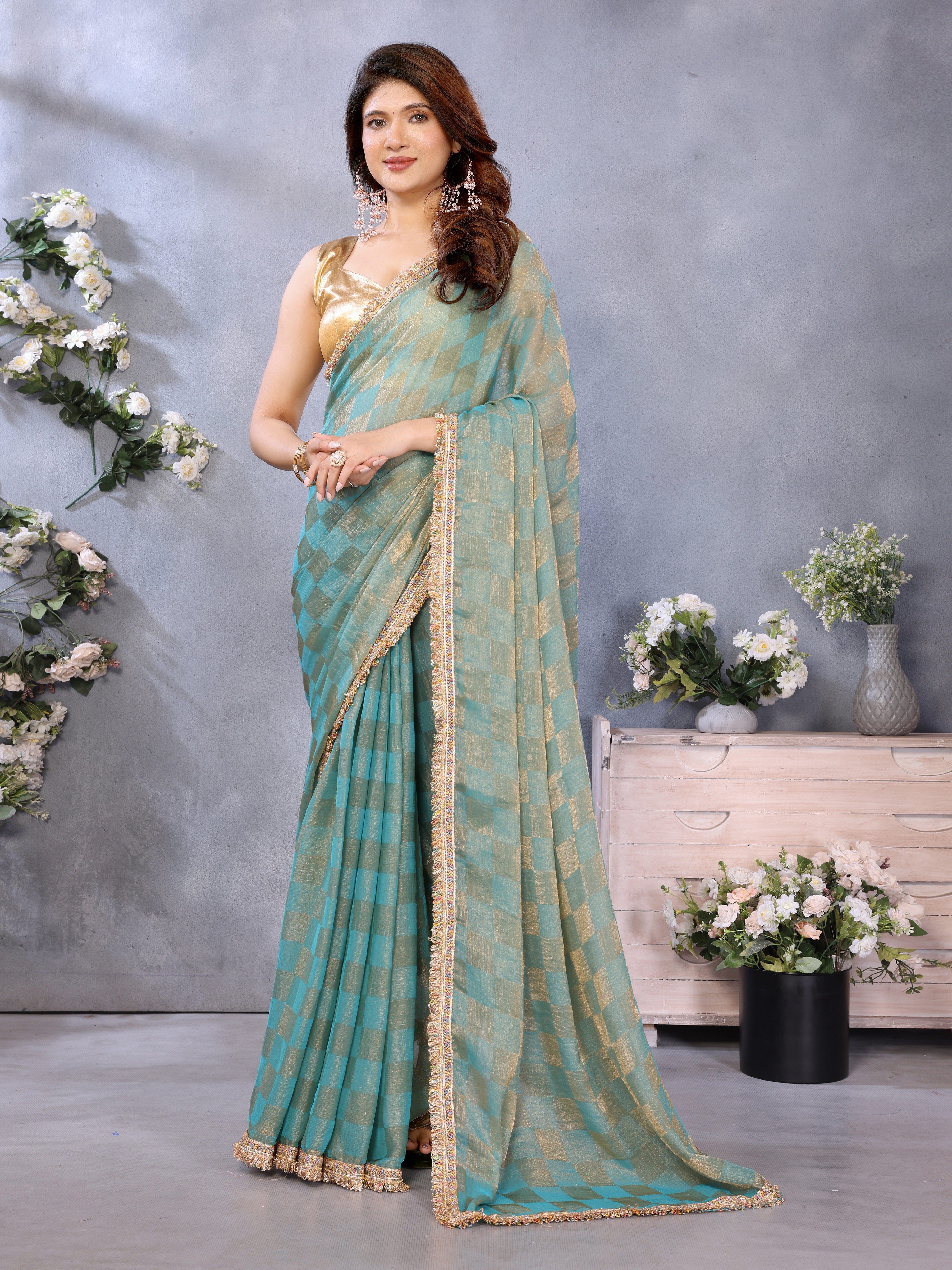 Sea Green Chiffon Checks with Sequin Embroidery Border- best saree look for diwali