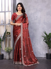 Deep Maroon Jimmy Choo Silk Saree With Multi Colour