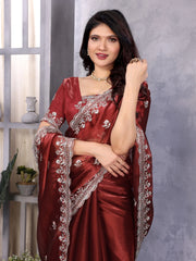 Deep Maroon Jimmy Choo Silk Saree With Multi Colour