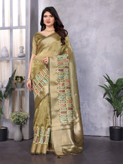 Mehendi Green Cotton Khadi Silk Saree with Sequence Work