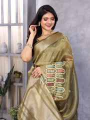 Mehendi Green Cotton Khadi Silk Saree with Sequence Work