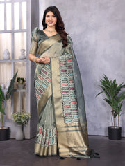 Blue Cotton Khadi Silk Saree with Sequence Work