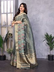 Blue Cotton Khadi Silk Saree with Sequence Work