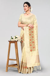 Creamish Yellow Floral Embroidery Saree