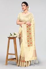 Creamish Yellow Floral Embroidery Saree