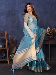 Blue Cotton Tissue Silk Sequence work Saree