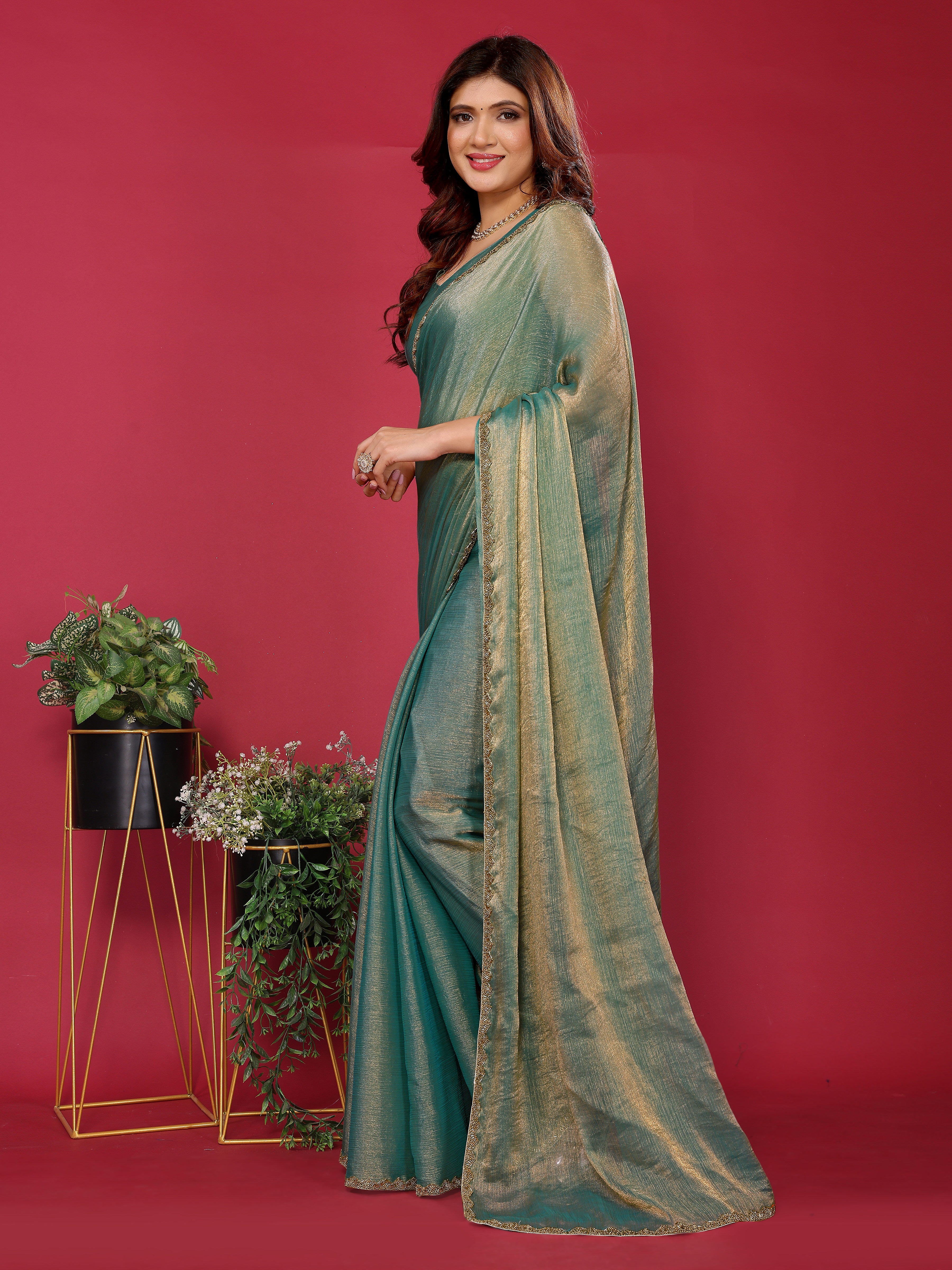 Sea Green Satin Silk Handwork Saree For Diwali