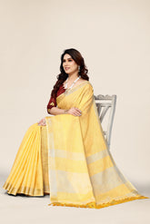 Plain Yellow Linen Saree with Embroidered blouse