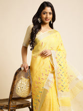 Yellow Linen Cotton Mirror Work Saree