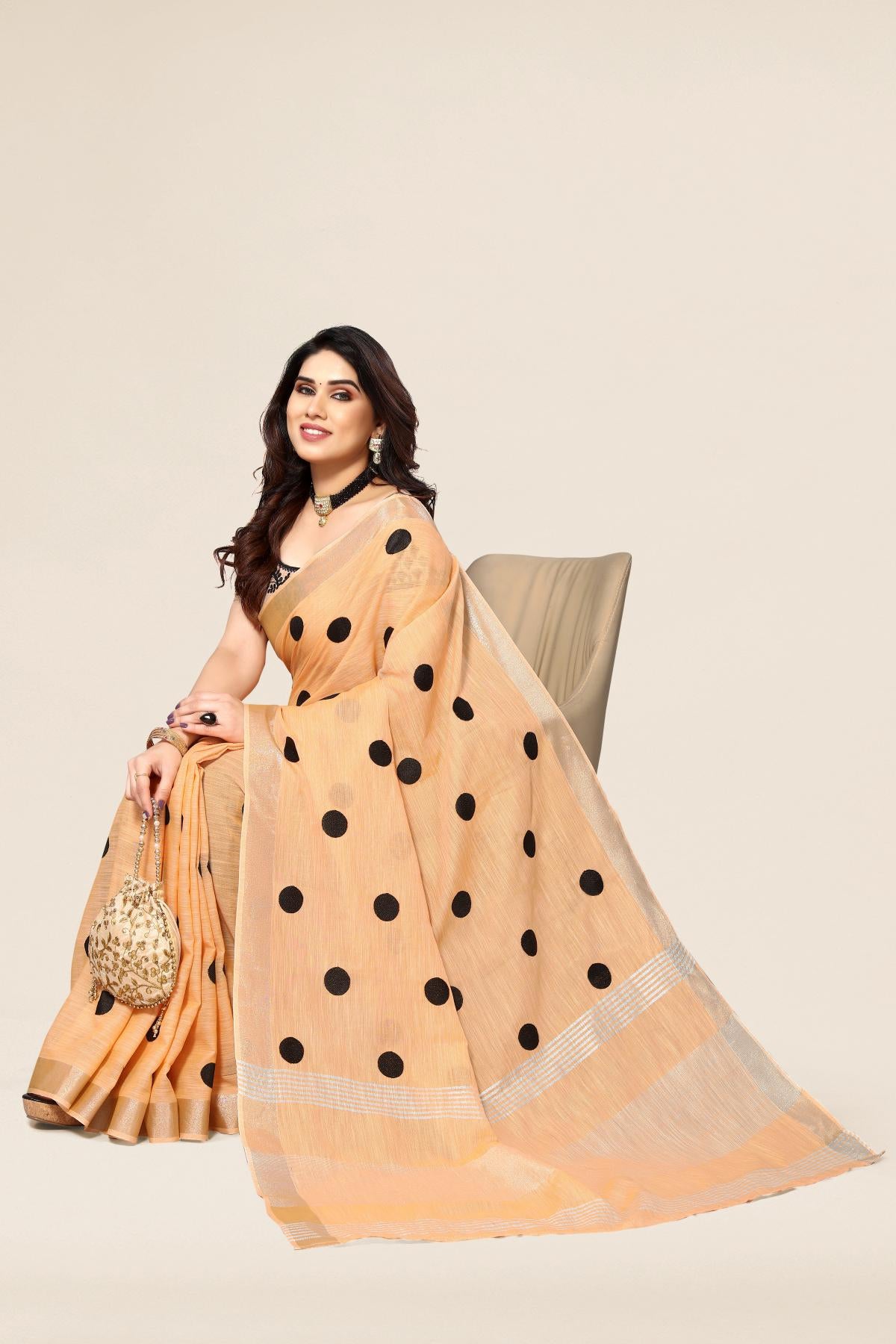 Yellow Polka Dot Saree With Embroidery Work