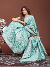 Green Floral Design Linen Saree For Festivals