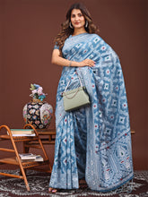 Blue Woven Floral Design linen Cotton Saree for women