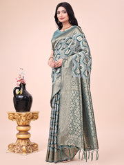 Teal Green Geometric Weaving Zari Cotton Saree For Mehndi