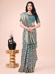 Teal Green Geometric Weaving Zari Cotton Saree For Mehndi