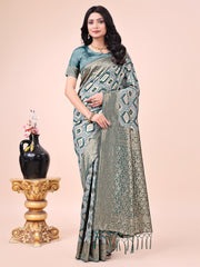 Teal Green Geometric Weaving Zari Cotton Saree For Mehndi