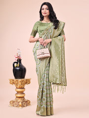 Mehndi Green Geometric Weaving Zari Cotton Saree