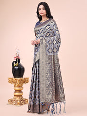 Navy Blue Geometric Weaving Zari Cotton Saree For Sangeet