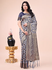 Navy Blue Geometric Weaving Zari Cotton Saree For Sangeet