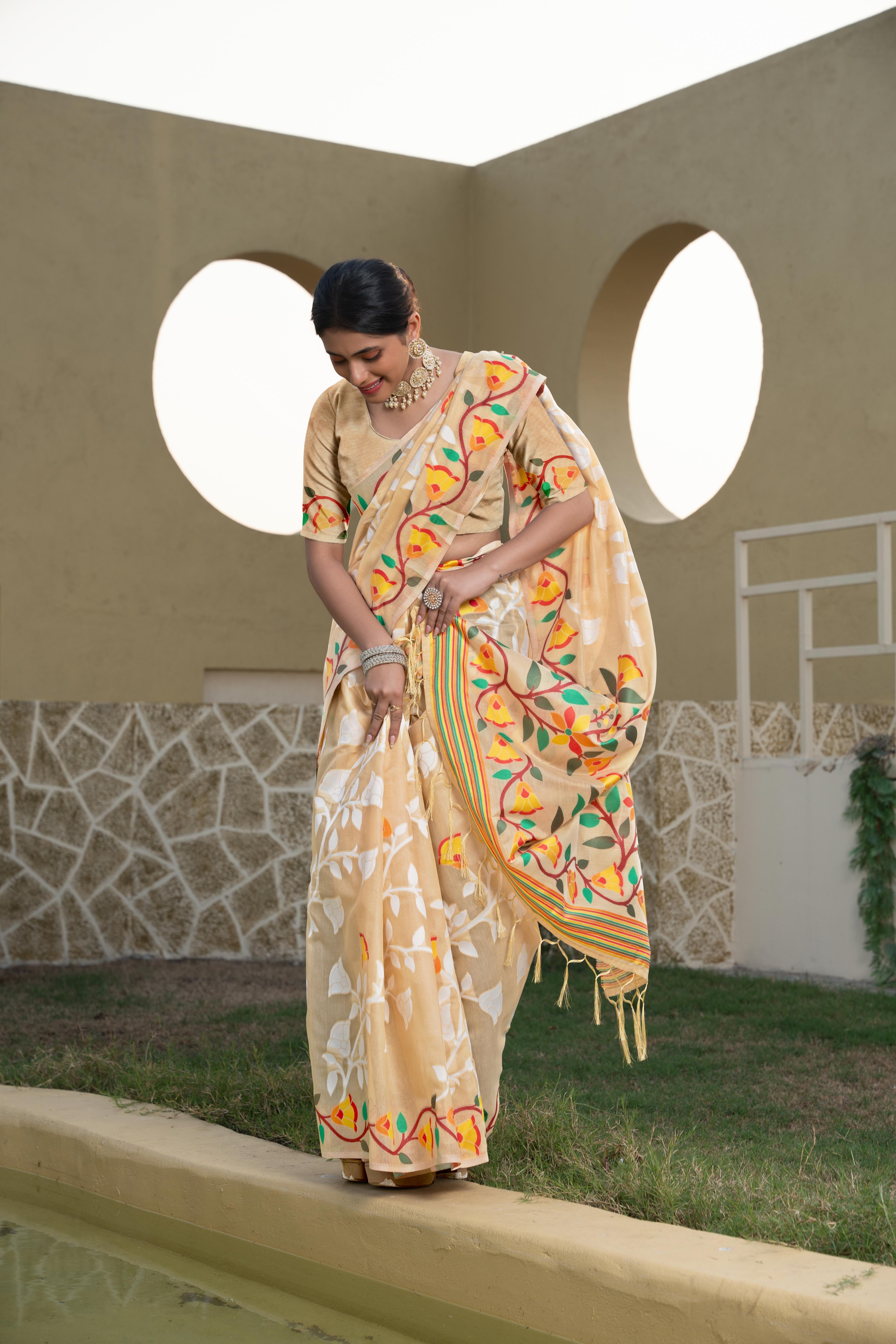 beige cotton silk saree online