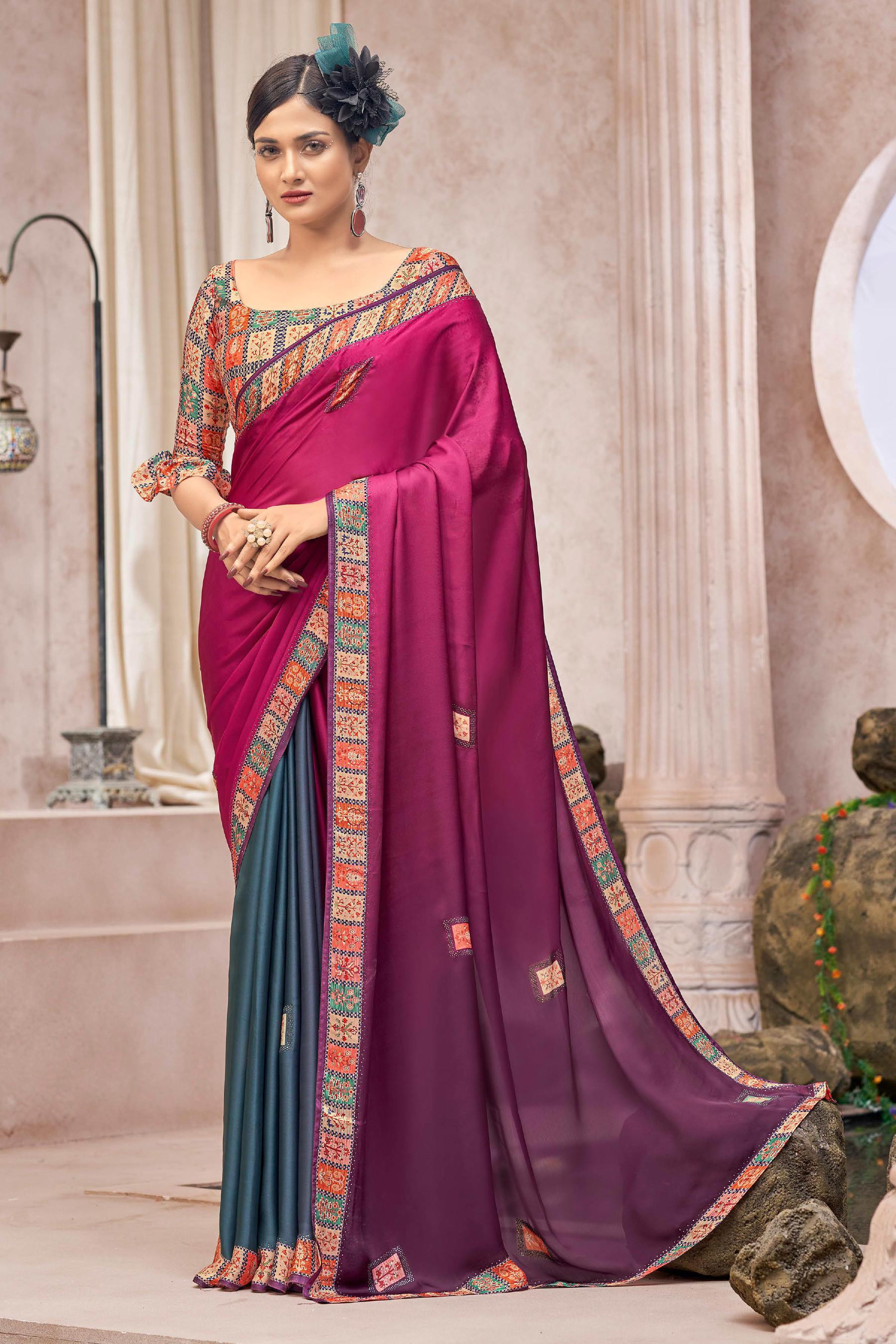 bollywood satin saree in pink and blue shades
