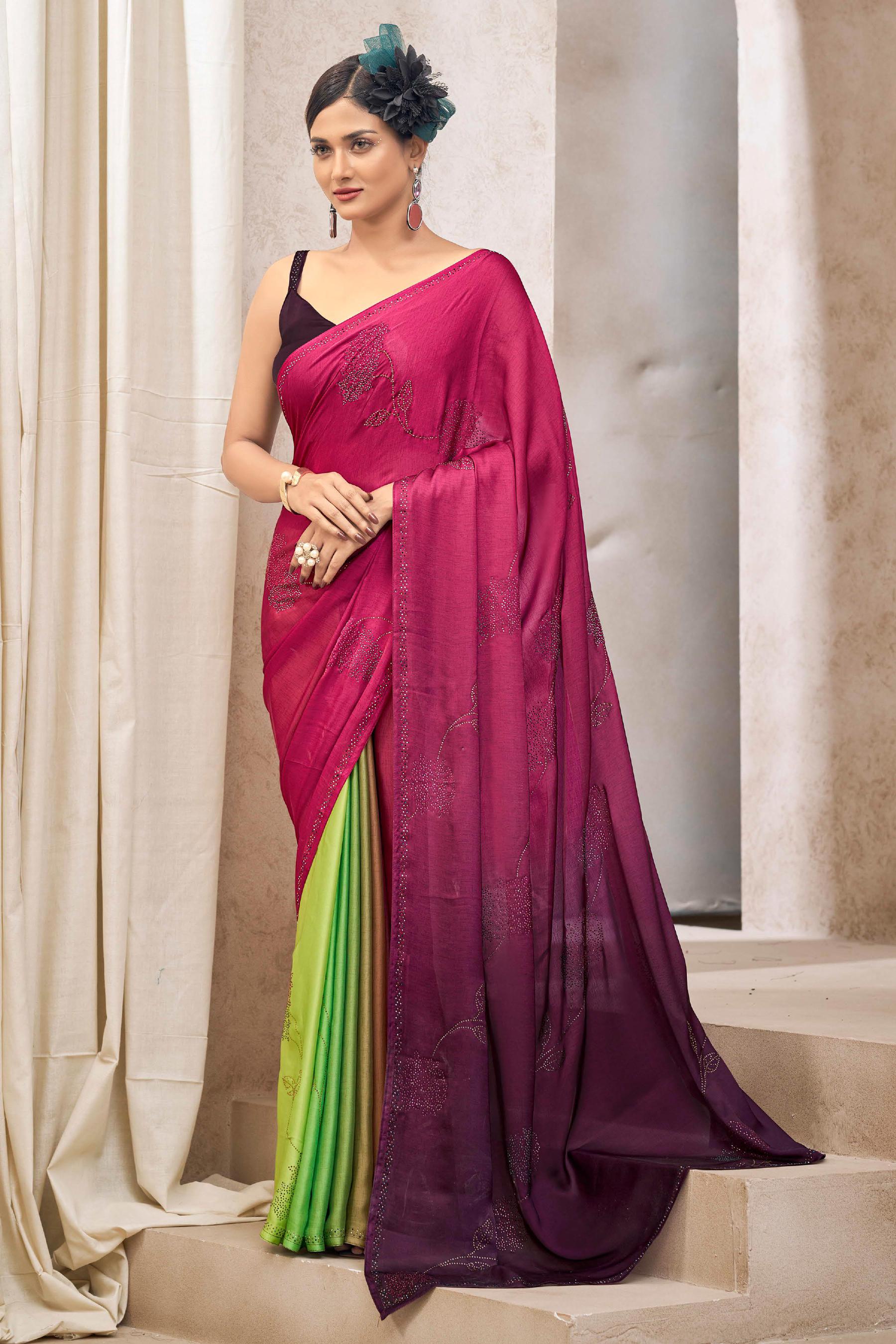 bollywood style satin saree in pink and green