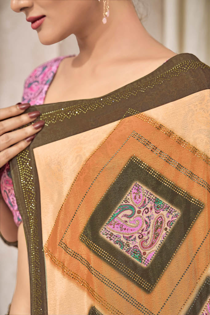buy beige digital print satin saree India