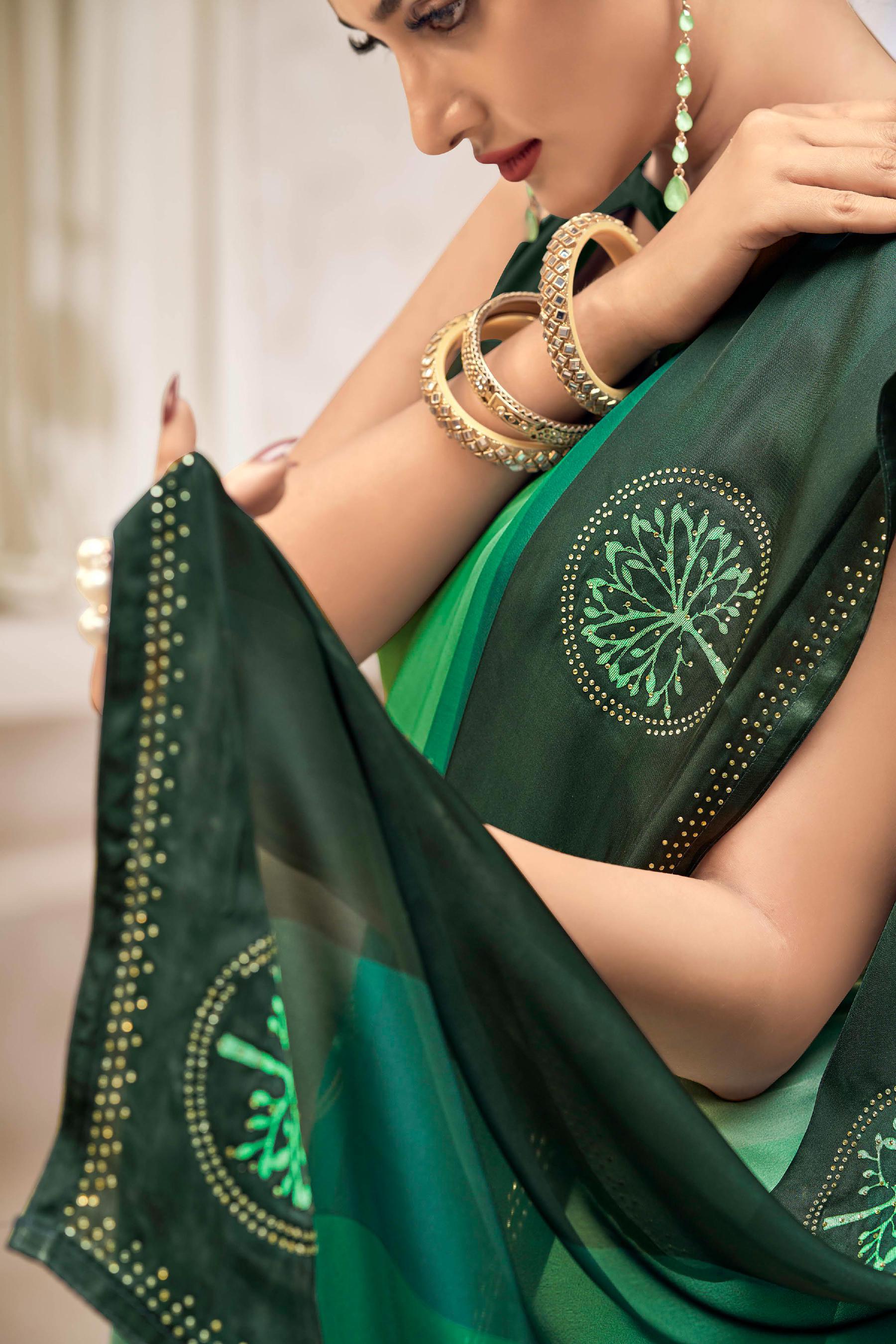 buy green satin saree with embroidery work
