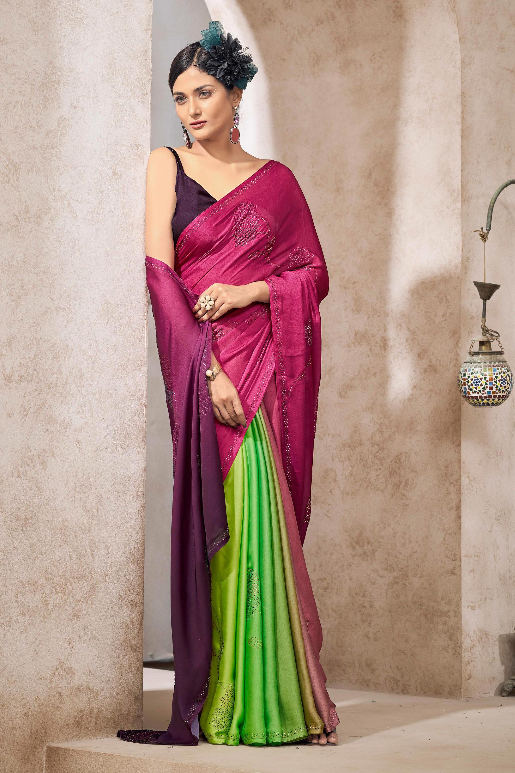 buy pink green satin saree with embroidery online