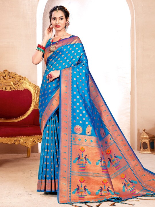 Blue paithani Silk Zari Saree for navratri pooja