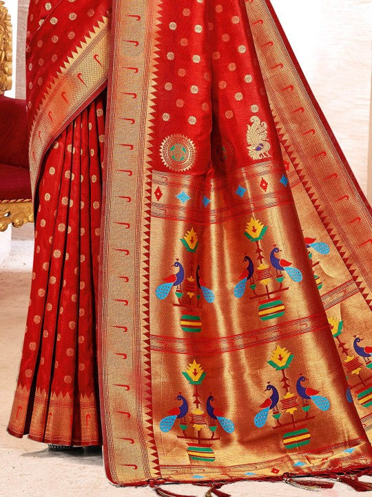 Handloom Zari paithani Silk Saree in red color
