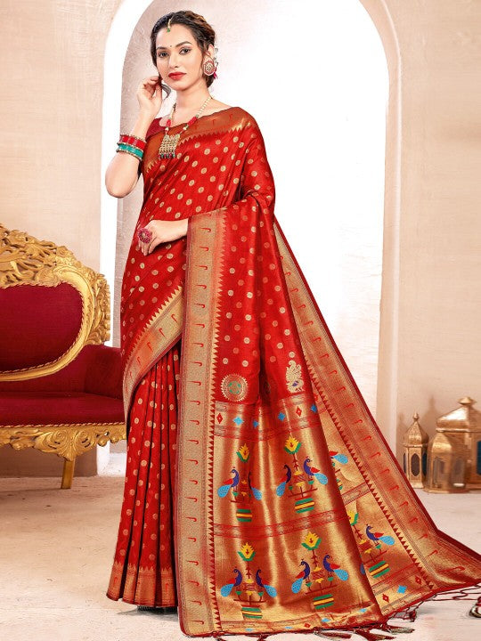 Red handloom Weaving Paithani Silk Saree For wedding