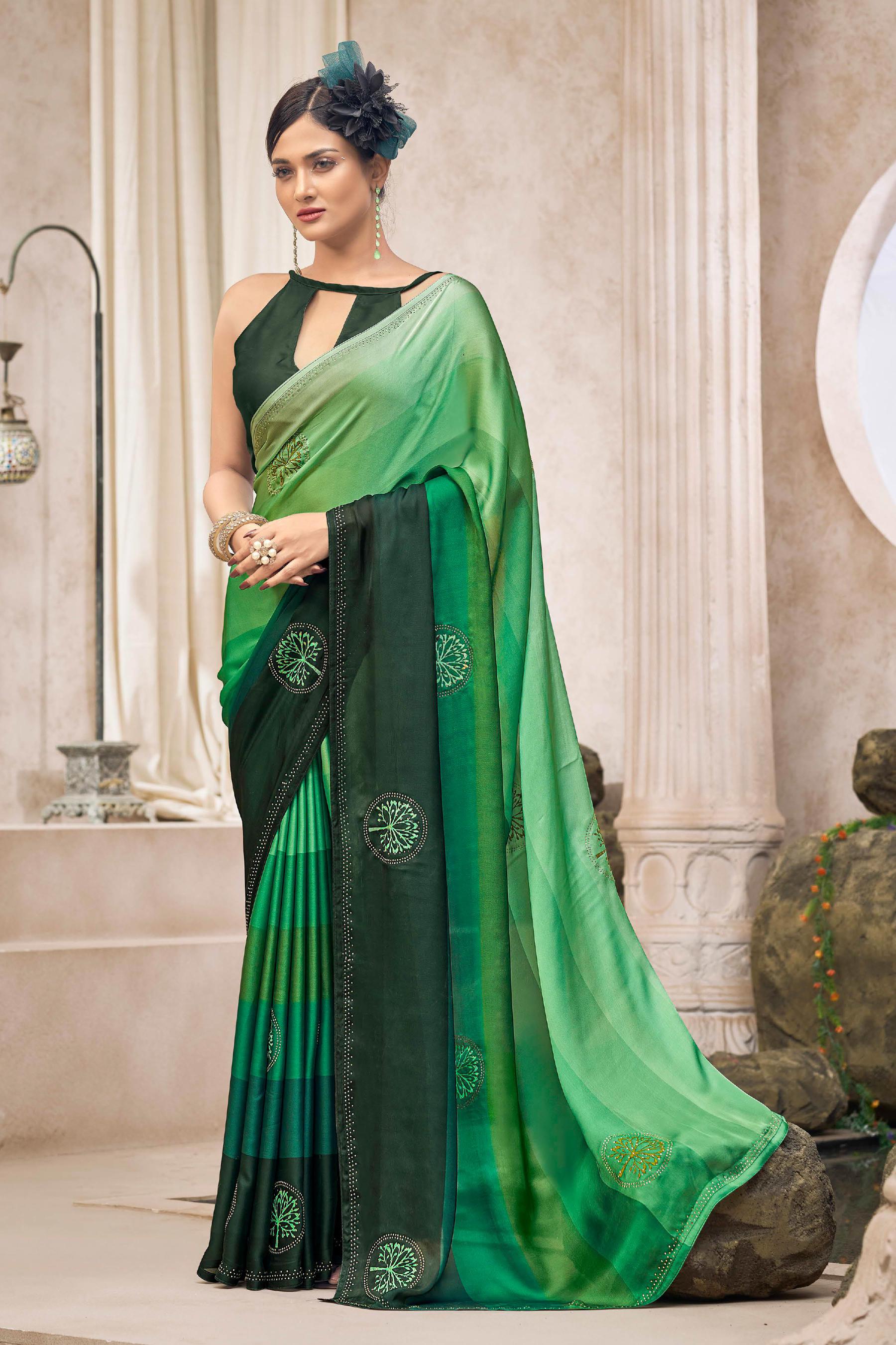 digital printed green satin saree for festivals