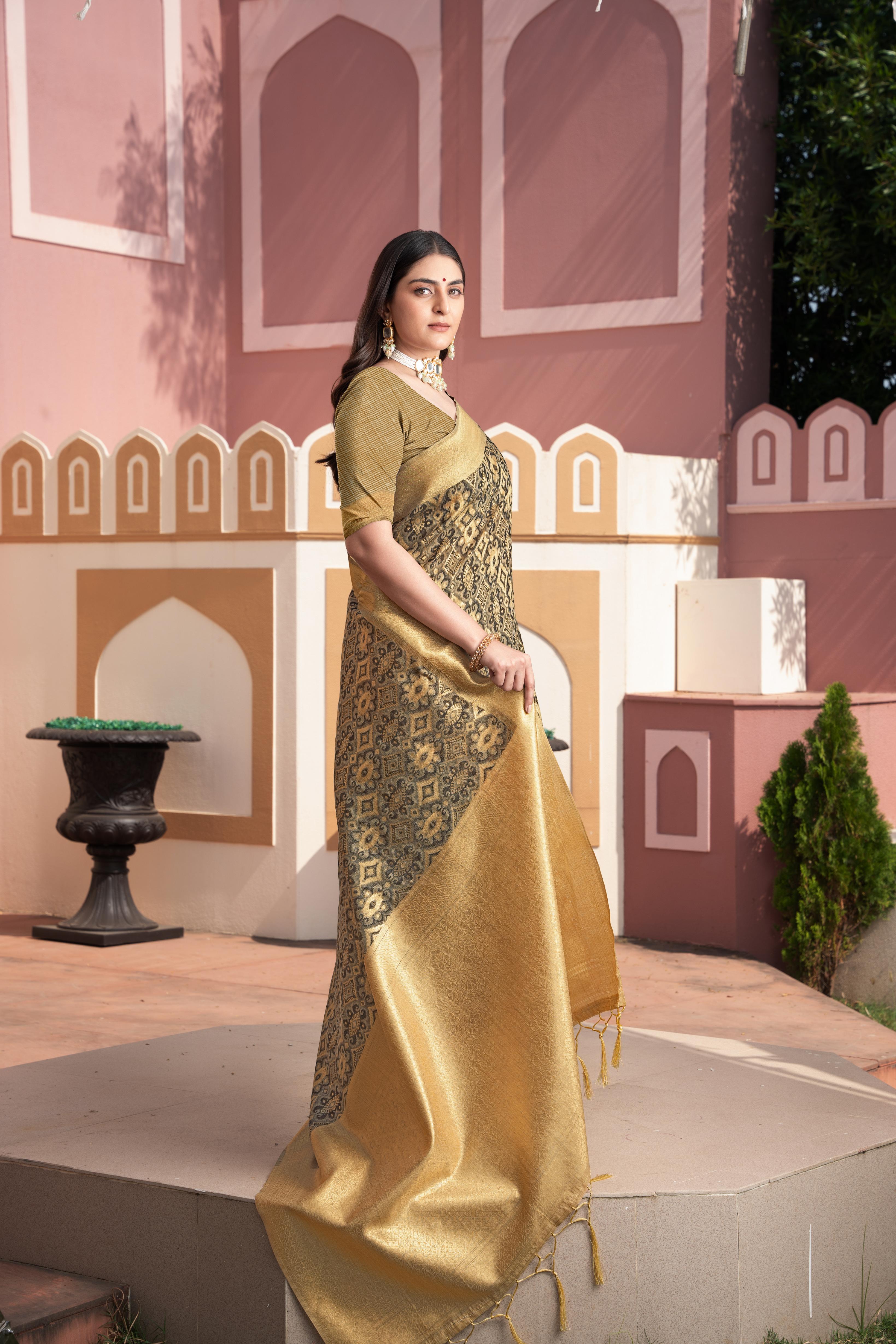 festive wear brown cotton silk sare