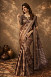 Brown Banarasi Jacquard Abstract Printed Saree