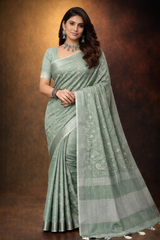 Teal Green linen saree with floral design