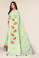 green cotton silk saree with zari pallu