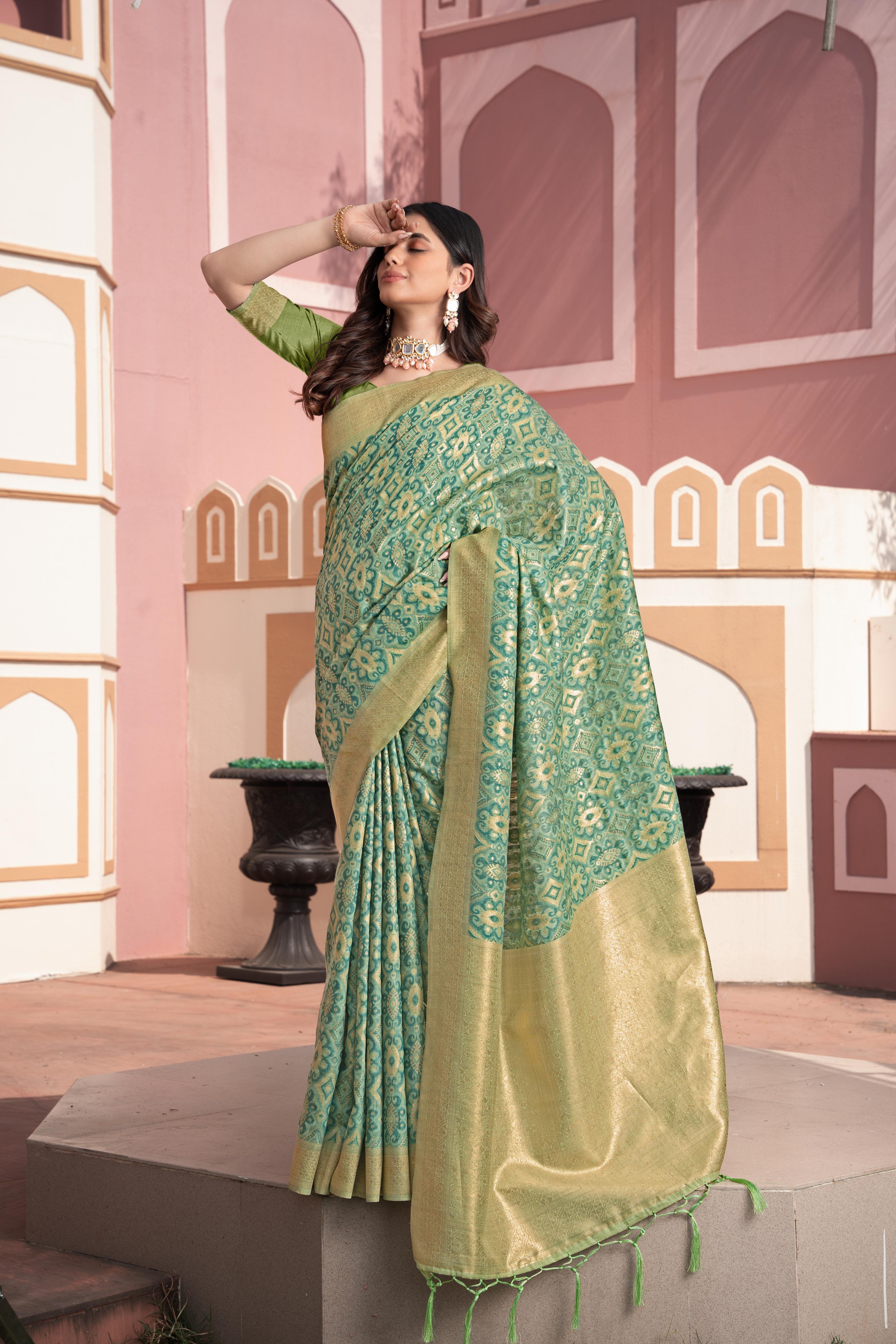 green cotton silk saree with zari work
