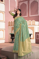 green cotton silk saree with zari work