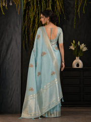Blue Cotton Silk Floral Embroidery Saree