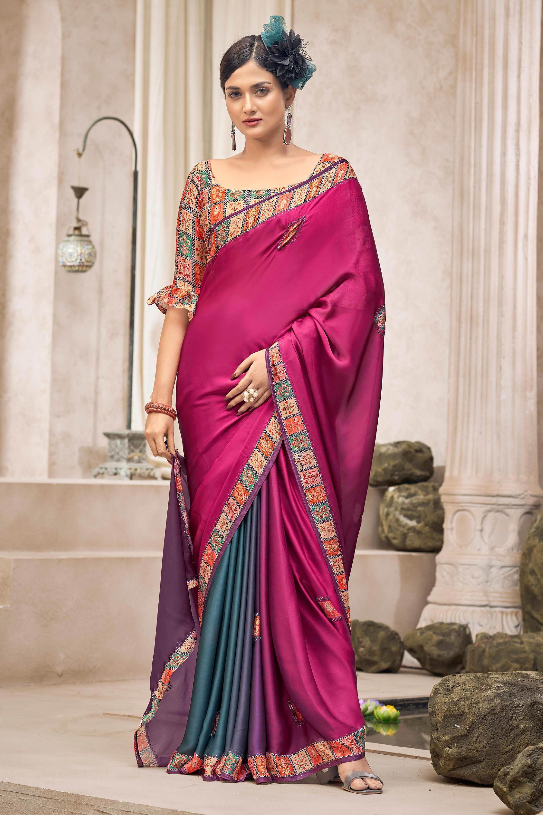 pink blue glossy satin saree for festive occasions