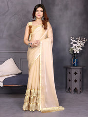 Cream Satin Silk Resha Latkan Designer Saree
