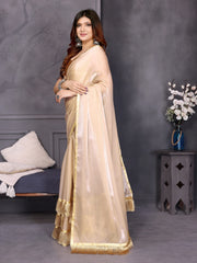 Cream Satin Silk Resha Latkan Designer Saree
