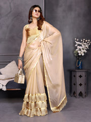 Cream Satin Silk Resha Latkan Designer Saree