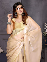Cream Satin Silk Resha Latkan Designer Saree