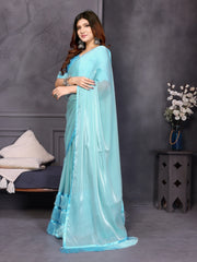 Sky Blue Satin Silk Resha Latkan Designer Saree