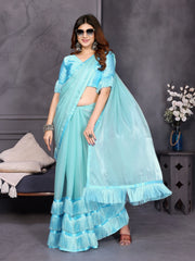 Sky Blue Satin Silk Resha Latkan Designer Saree